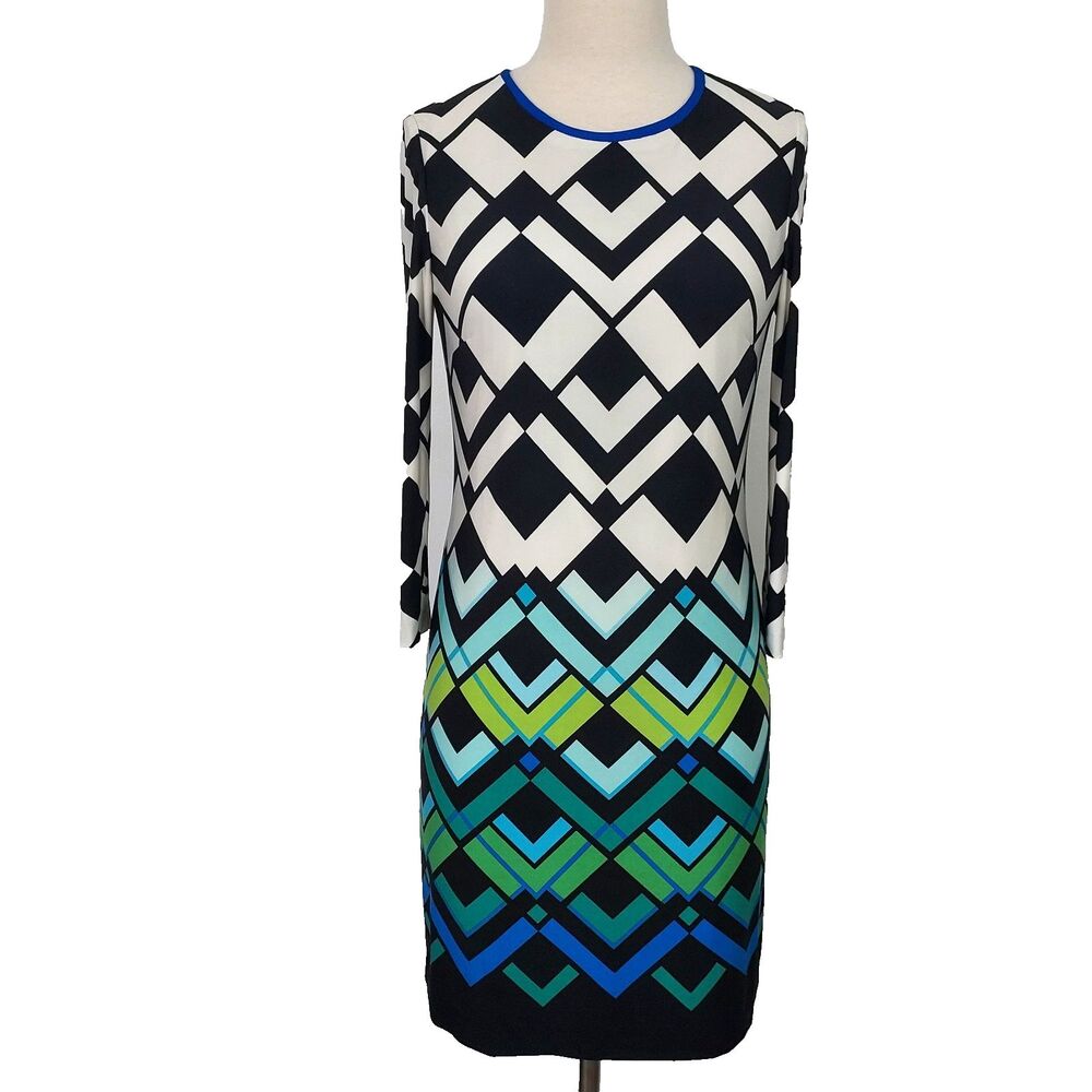 Eliza J Women’s size 6 Geometric 3/4 Sleeve Shift Knee Length Dress Stretch Flaw